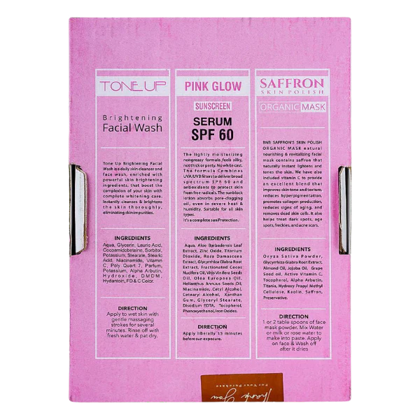 BNB Pink Glow Kit (Tone up Facial wash + Saffron Face mask + Pink Glow SPF60)