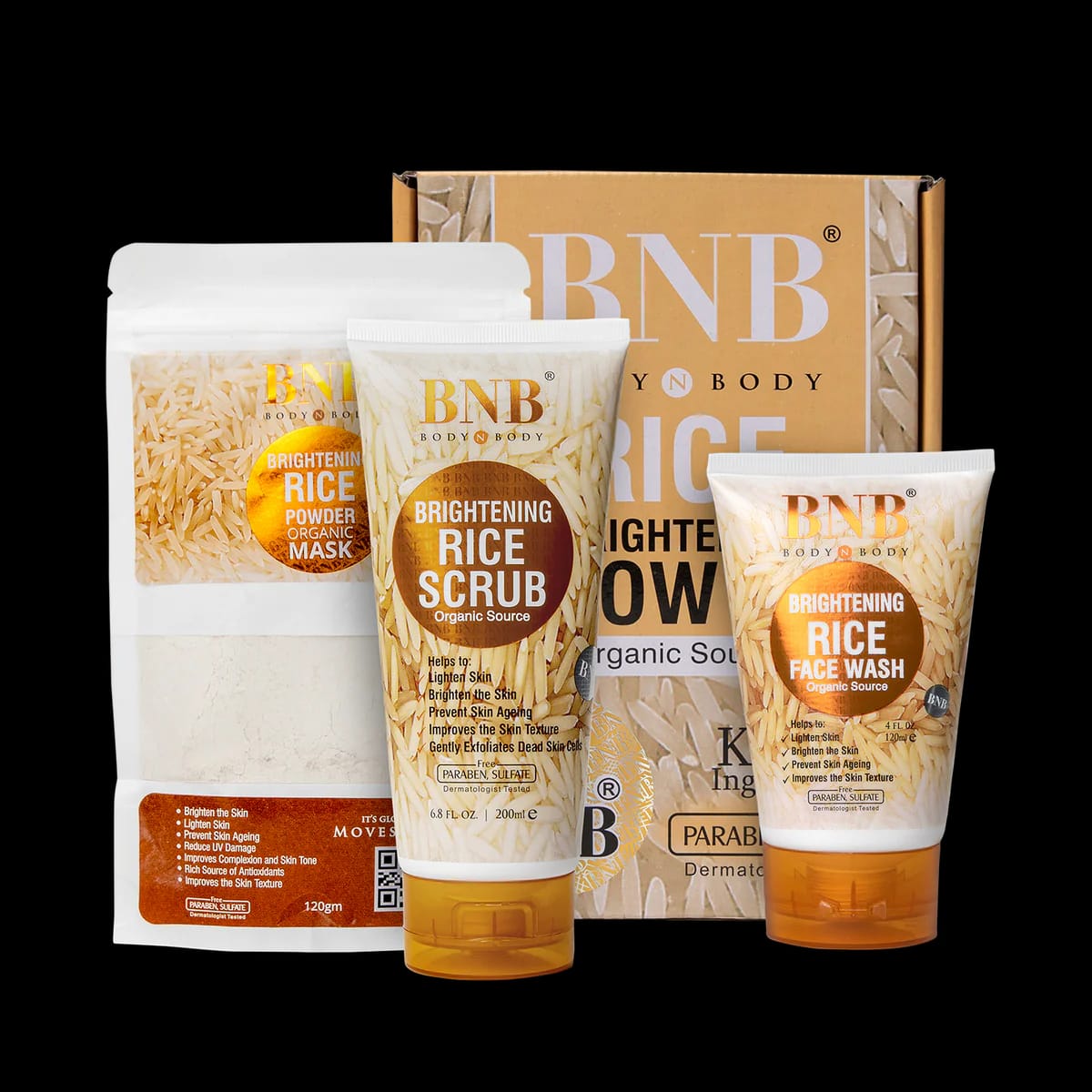 BNB Rice Extract Bright & Glow Kit (3 in 1, Facewash, Scrub & Mask)