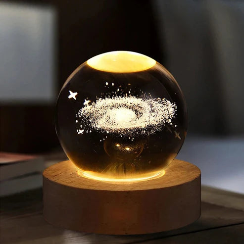 3D Crystal Galaxy Ball Night Lamp with Wooden Base (6cm) - Solar System - Moon - Earth - Heart Cloud - Crescent -Moon Walk