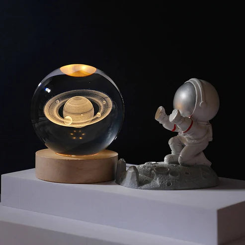 3D Crystal Galaxy Ball Night Lamp with Wooden Base (6cm) - Solar System - Moon - Earth - Heart Cloud - Crescent -Moon Walk