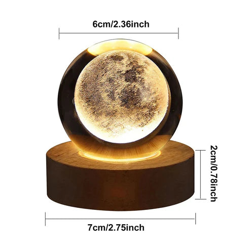 3D Crystal Galaxy Ball Night Lamp with Wooden Base (6cm) - Solar System - Moon - Earth - Heart Cloud - Crescent -Moon Walk